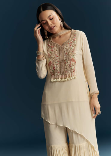 Ivory Chinon Sharara Suit With Zardosi Work
