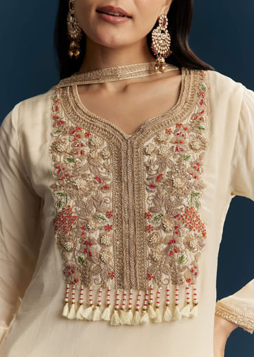 Ivory Chinon Sharara Suit With Zardosi Work