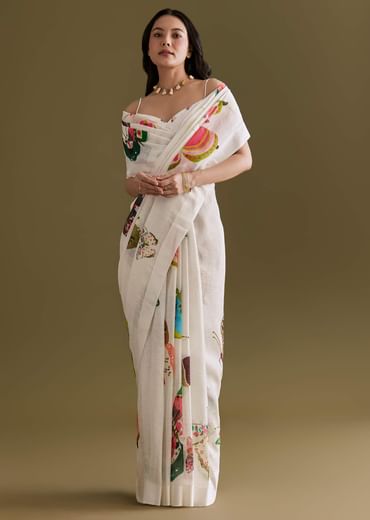 Ivory Cotton Linen Saree With Multicolour Butterfly Prints