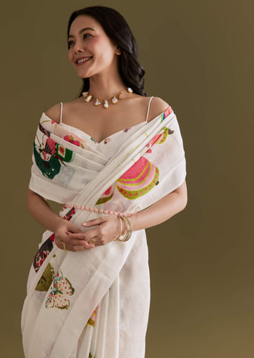 Ivory Cotton Linen Saree With Multicolour Butterfly Prints