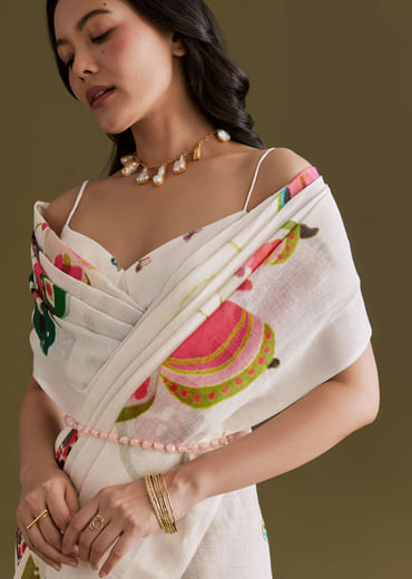 Ivory Cotton Linen Saree With Multicolour Butterfly Prints