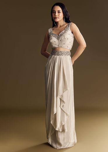 Ivory Crop Top Skirt Set With Cape And Silver Zardozi Work