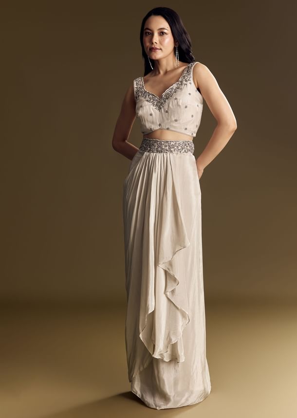 Ivory Crop Top Skirt Set With Cape And Silver Zardozi Work
