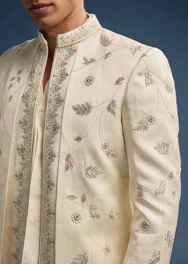 Ivory Dola Silk Jodhpuri Suit For Men With Zardosi Embroidery