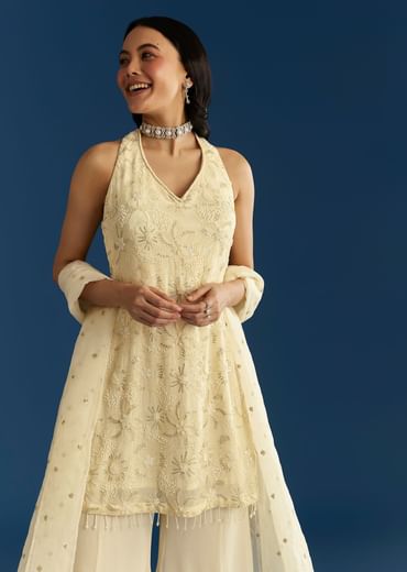 Ivory Georgette Kurta Palazzo Set With Dupatta
