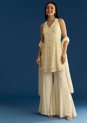 Ivory Georgette Kurta Palazzo Set With Dupatta