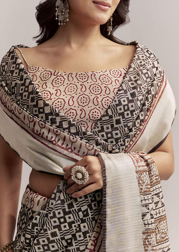 Ivory Linen Printed Saree With Authentic Ajrakh Print