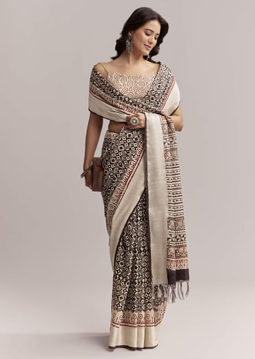 Ivory Linen Printed Saree With Authentic Ajrakh Print