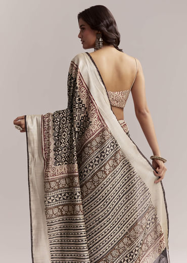 Ivory Linen Printed Saree With Authentic Ajrakh Print