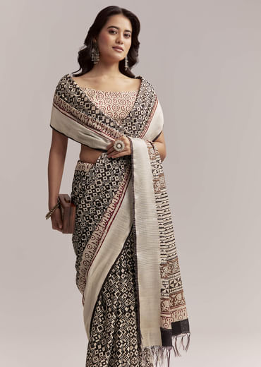 Ivory Linen Printed Saree With Authentic Ajrakh Print