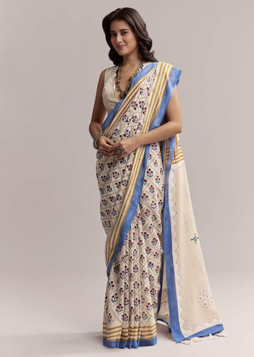 Ivory Linen Printed Saree With Handcrafted Ajrakh Patch Work