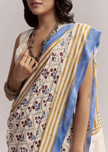 Ivory Linen Printed Saree With Handcrafted Ajrakh Patch Work