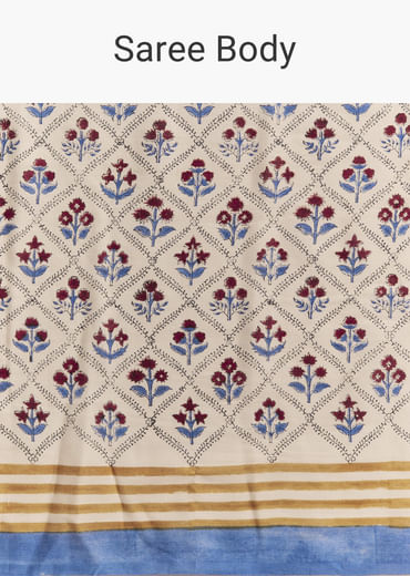 Ivory Linen Printed Saree With Handcrafted Ajrakh Patch Work