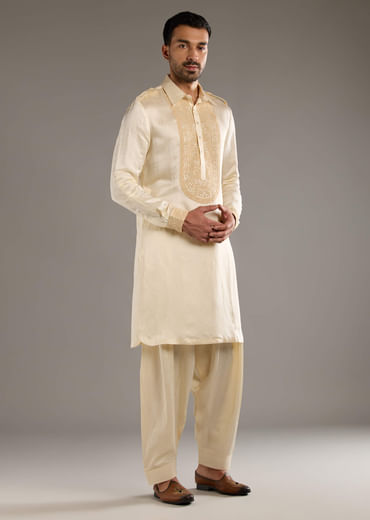 Ivory Linen Satin Kurta Set For Men With Dori Work