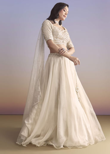 Ivory Organza Bridesmaid Lehenga With Sequins And Cutdana Embroidery
