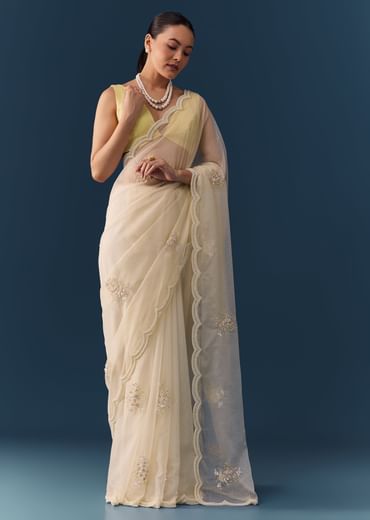 Ivory Organza Embellished Saree with Blouse Fabric