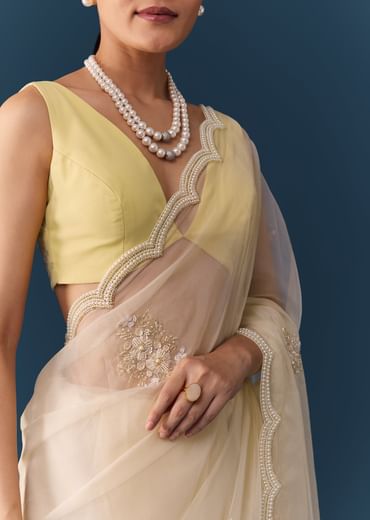 Ivory Organza Embellished Saree with Blouse Fabric
