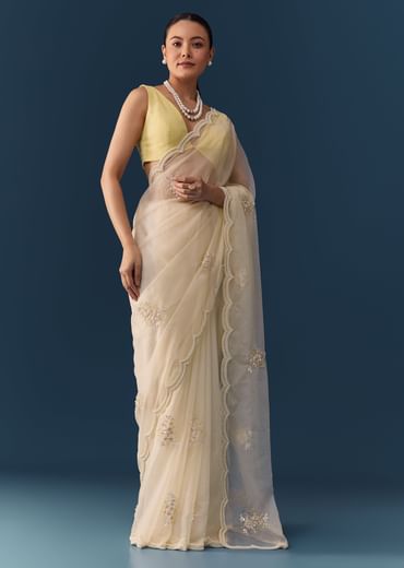 Ivory Organza Embellished Saree with Blouse Fabric