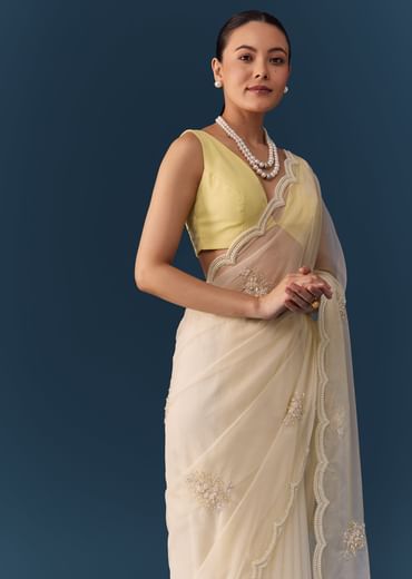 Ivory Organza Embellished Saree with Blouse Fabric