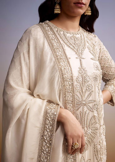 Ivory Organza Palazzo Suit With Moti And Zari Embroidery