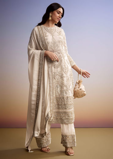 Ivory Organza Palazzo Suit With Moti And Zari Embroidery