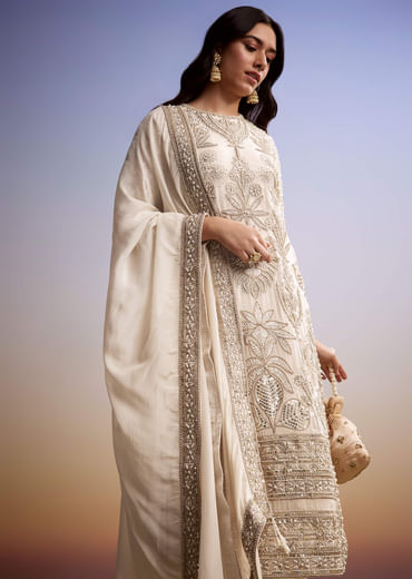 Ivory Organza Palazzo Suit With Moti And Zari Embroidery
