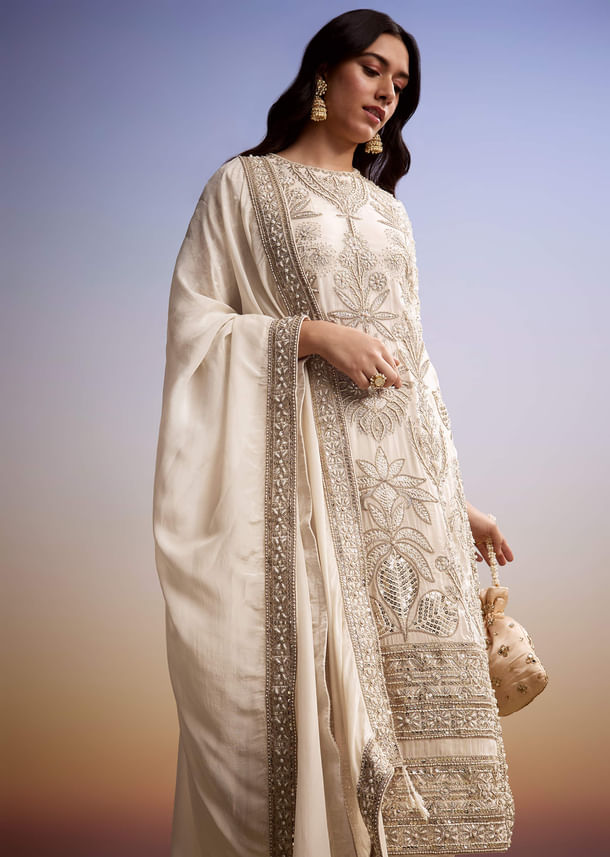 Ivory Organza Palazzo Suit With Moti And Zari Embroidery