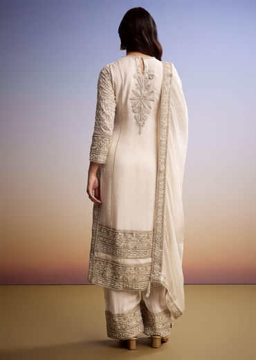 Ivory Organza Palazzo Suit With Moti And Zari Embroidery