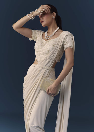 Ivory Ready Pre Pleated Saree with Moti Work Blouse