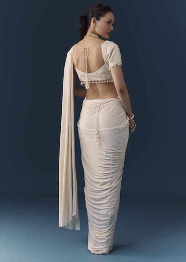Ivory Ready Pre Pleated Saree with Moti Work Blouse