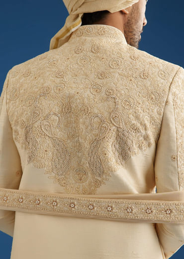 Ivory Silk Groom Sherwani Set With Dori And Zardosi Embroidery
