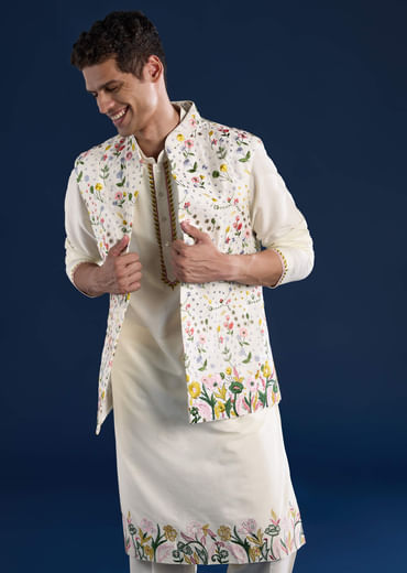 Ivory Silk Jacket Kurta Set with Resham Work