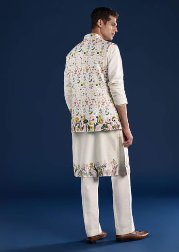 Ivory Silk Jacket Kurta Set with Resham Work