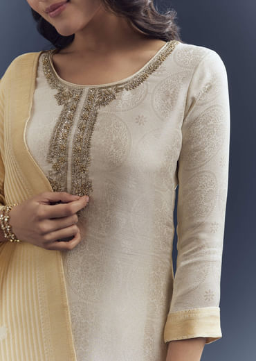 Ivory Silk Kurta Set With Jacquard Weave And Zardosi Work