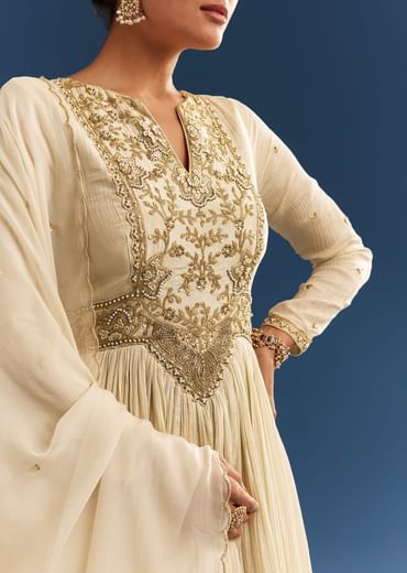 Ivory Tissue Anarkali Set With Tie-Up Back And Organza Dupatta