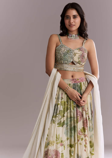 Ivory Tissue Bridesmaid Lehenga With Floral Print And Embroidery