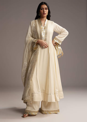 Ivory White Cotton Silk Anarkali Suit With Gotta Work