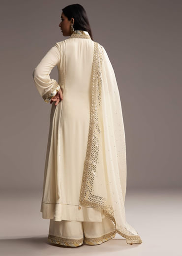 Ivory White Cotton Silk Anarkali Suit With Gotta Work
