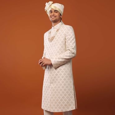 Ivory-White Sherwani Set in Silk With Sequins Embroidery