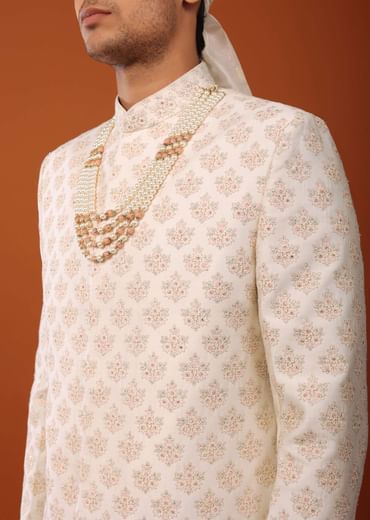 Ivory-White Sherwani Set in Silk With Sequins Embroidery