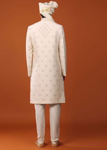 Ivory-White Sherwani Set in Silk With Sequins Embroidery