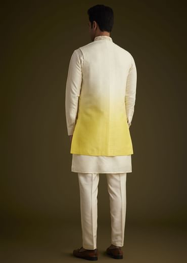 Ivory And Yellow Ombre Silk Jacket Set With Zari Work