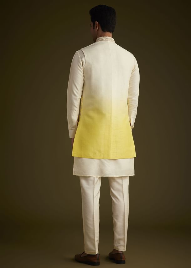 Ivory And Yellow Ombre Silk Jacket Set With Zari Work