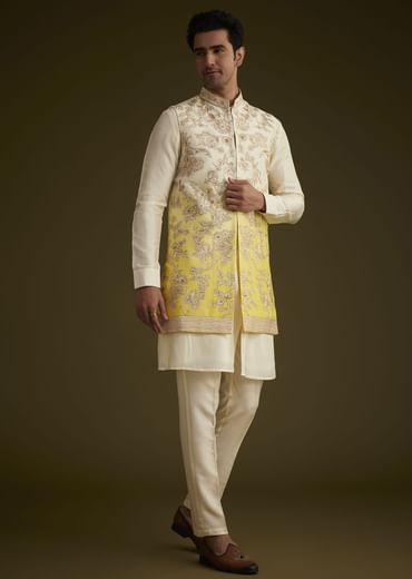 Ivory And Yellow Ombre Silk Jacket Set With Zari Work