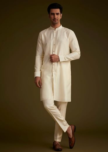 Ivory And Yellow Ombre Silk Jacket Set With Zari Work