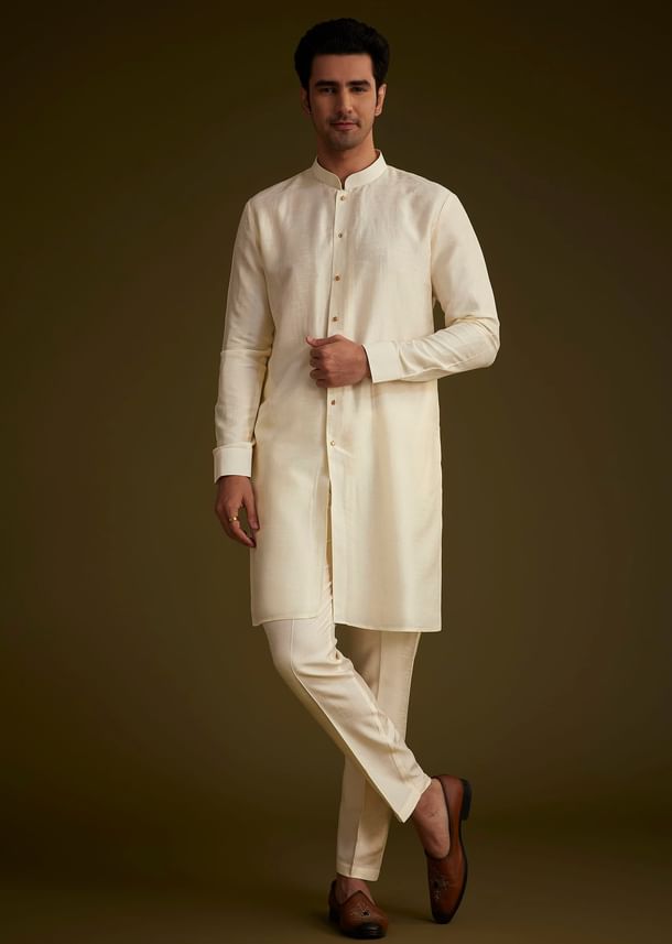 Ivory And Yellow Ombre Silk Jacket Set With Zari Work