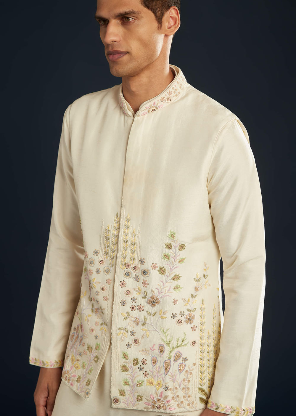 Ivory Banarasi Silk Jacket Kurta Set With Zardozi Work