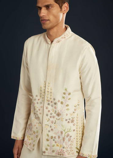 Ivory Banarasi Silk Jacket Kurta Set With Zardozi Work Ivory Banarasi Silk Jacket Kurta Set With Zardozi Work