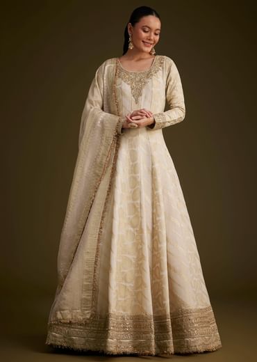 Ivory Banarasi Tissue Anarkali With Gotta Work