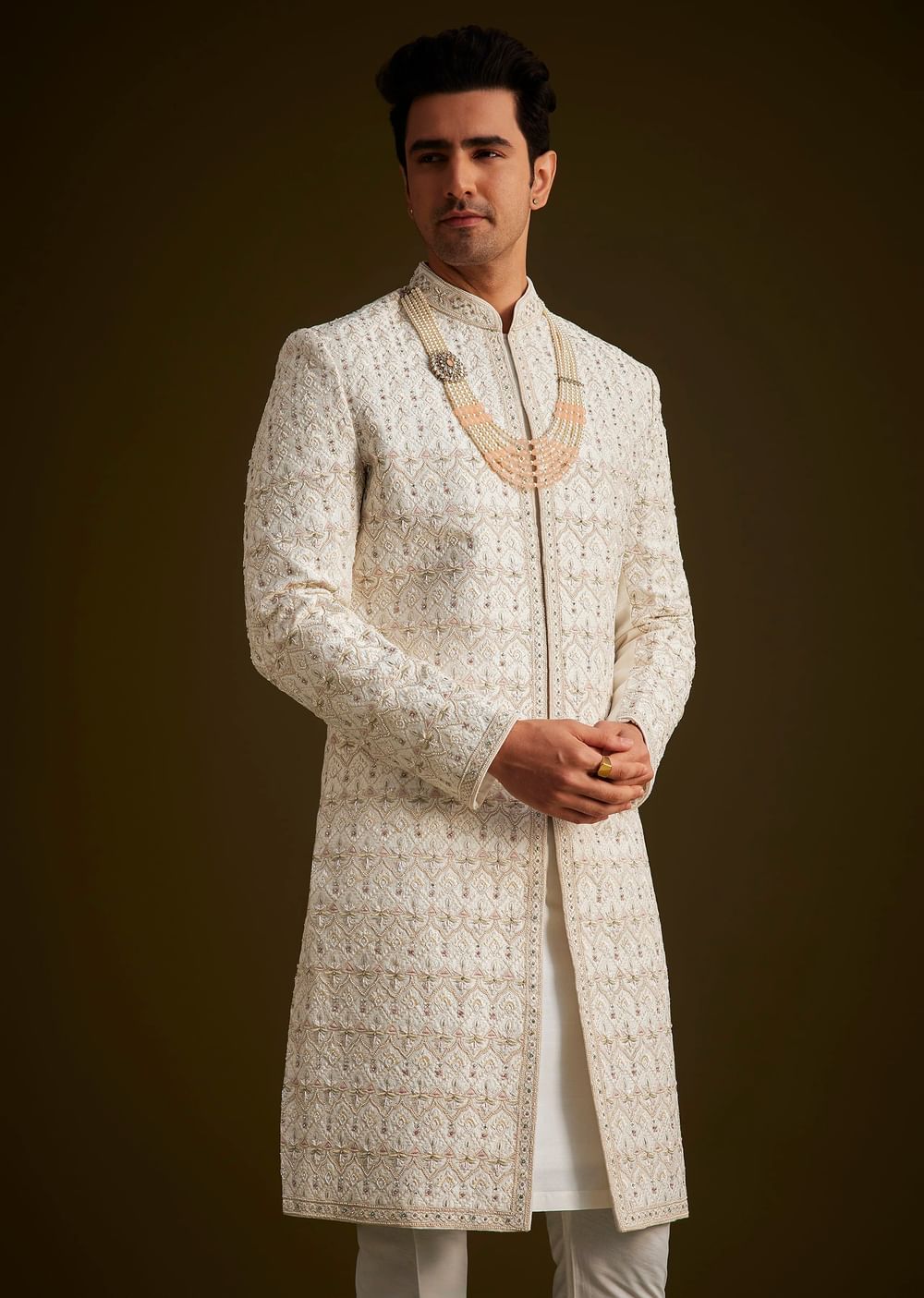 Ivory Embroidered Sherwani With Classic Pearl Detailing
